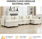 147'' Sectional Cloud Deep Seat Couch, Oversized Chenille U Shaped Sectional Sofa for Living Room Set, Comfy Upholstered Modular Sectional Sofa Couch with 2 Movable Ottoman, Beige