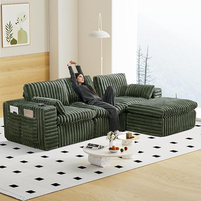 114" Cloud Boneless Sectional Couches for Living Room, Modular Sectional Sofa with Cup Holder, Cozy Fluffy L Shaped Deep Seat Boneless Couch with Storage Pocket, No Assembly Required, Green