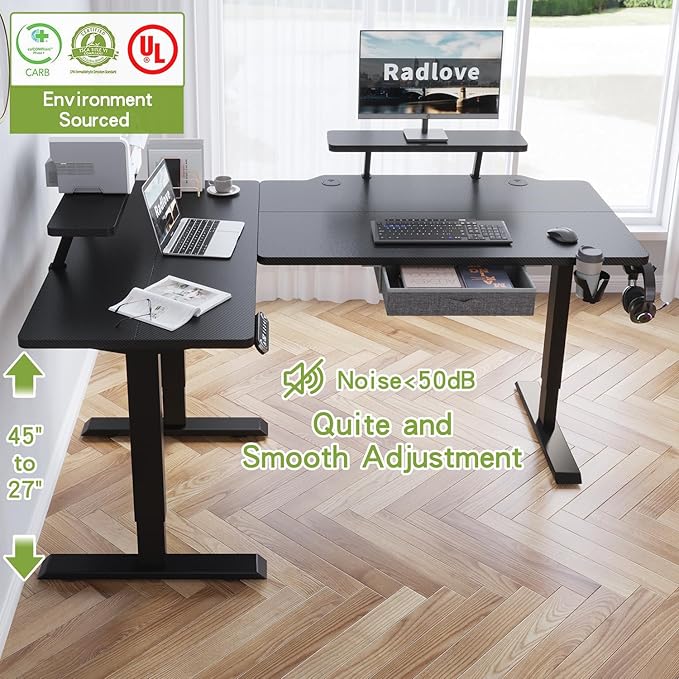 Radlove 63-Inch Large Electric Height Adjustable Computer L-Shaped Desk with Memory Controller Corner Standing Desk Modern Workstation with Splice Board Ergonomic Desk (Black Frame + Black Top)