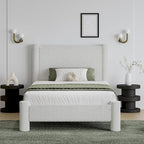 Twin Size Bed Frame, Boucle Upholstered Platform Bed with Headboard and Footboard, Soft Rounded Corners, No Box Spring Required, Easy Assembly, White