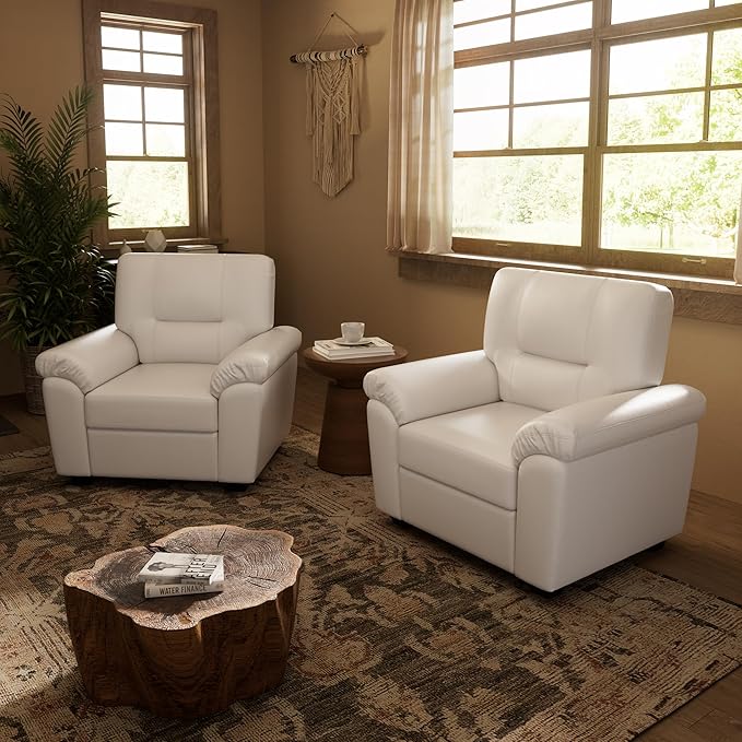 Morden Fort Faux Leather Chairs Set of 2, Modern Luxury Leather Sofa Chair Easy Clean Skin-Friendly Leather Accent Arm Chairs for Living Room Apartment Office Lounge Comfy Reading, White