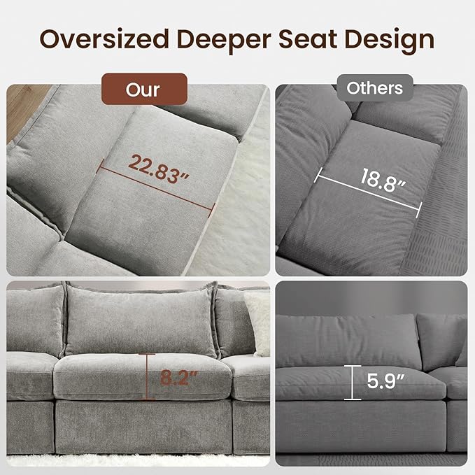 118.5" Down Filled Cloud Couch, Chenille Modular Sectional Sofa with Storage Ottoman, 3-Seater L Shape Sofa with Throw Pillows, Mordern Sectional Couches for Living Room, Light Grey