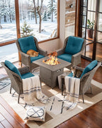 Patio Wicker Chairs Outdoor Furniture Chair - Set of 4 Outside All Weather Lawn Dining Brown Rattan Armchair with High Back&Deep Seating for Deck Porch Balcony Backyard Garden - Peacock Blue