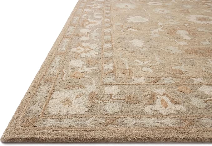 Loloi Chris Loves Julia Dorothea Collection DRT-02 Khaki/Dove 7'-9" x 9'-9" Area Rug Wool Neutral Floral Living Room Bedroom Carpet