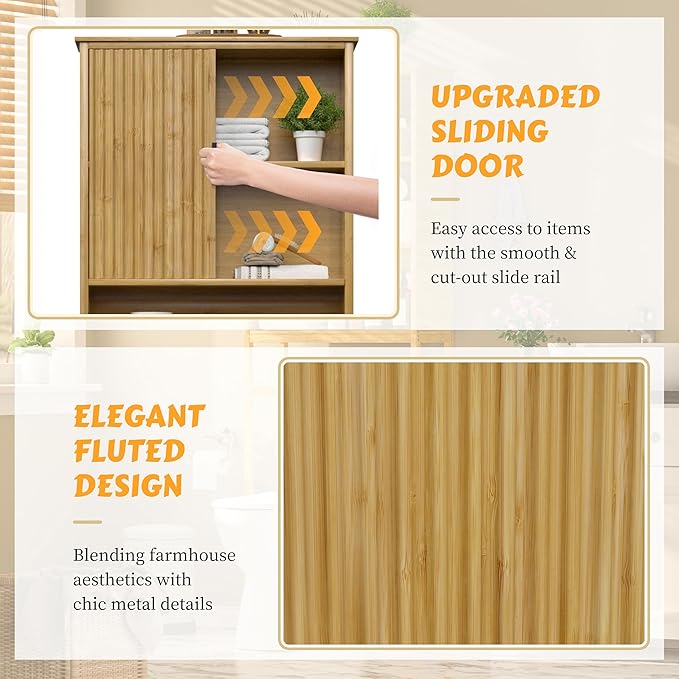 Over The Toilet Storage Cabinet with Fluted Doors, Bathroom Over Toilet Rack with Adjustable Shelf Bamboo FreeStanding Space-Saving Storage Organizer, Natural