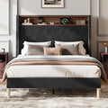 WLIVE Full Size Upholstered Bed Frame with Storage Headboard, Velvet Square Tufted Platform Bed with Charging Station, Sturdy Metal & Wooden Slats Support, No Box Spring Needed, Black