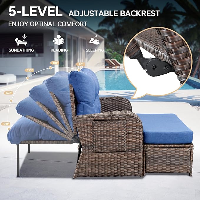 Patio Rattan Daybed, Wicker Recliner Loveseat for Two with Multifunctional Recliner and Stowable Side Tray, 5 Level Adjustable Backrest (Brown Wicker/Blue Cushion)