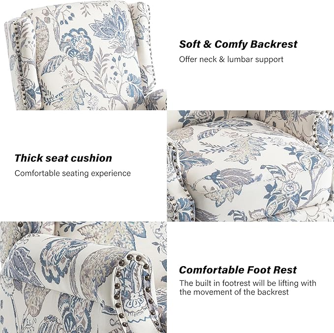 Pushback Recliner Chair Set of 2, Floral Fabric Wingback Recliner Chair, Upholstered Armchair Push Back Recliner, Rivet Trim Single Sofa Accent Chair with Wood Legs for Living Room, Plants Blue