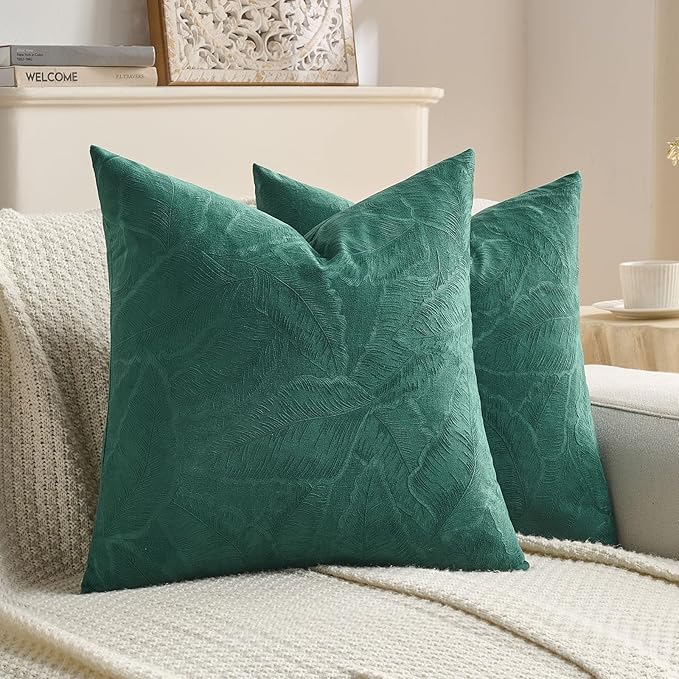 FUTEI Christmas Dark Green Velvet Throw Pillow Covers 16x16 Inch Set of 2,Soft Embossed Leaf-Relief Textured Cushion Cases,Natural Home Decor for Couch Living Room