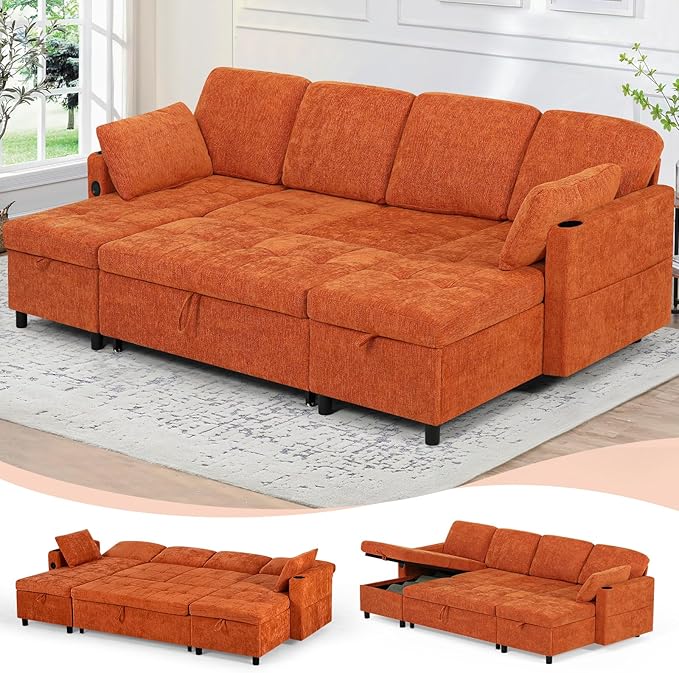 110" Sectional Pull Out Sofa Bed with Adjustable Backrests, U-Shaped Sleeper Sofa with USB Ports, Upholstered Reversible Couch with Cup Holder & Storage Space for Living Room, House, Orange
