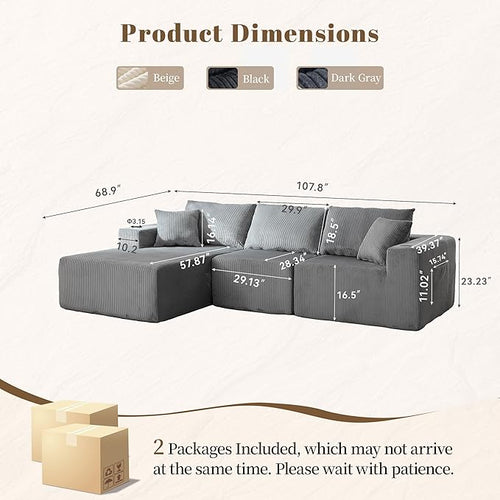 107" Cloud Sectional Couch, Modular Sectional Sofa with L-Shape Chaise, Corduroy Boneless Couch with Deep Seat, Upholstered Sofa for Living Room, No Assembly Required(Left-Facing Chaise, Dark Grey)