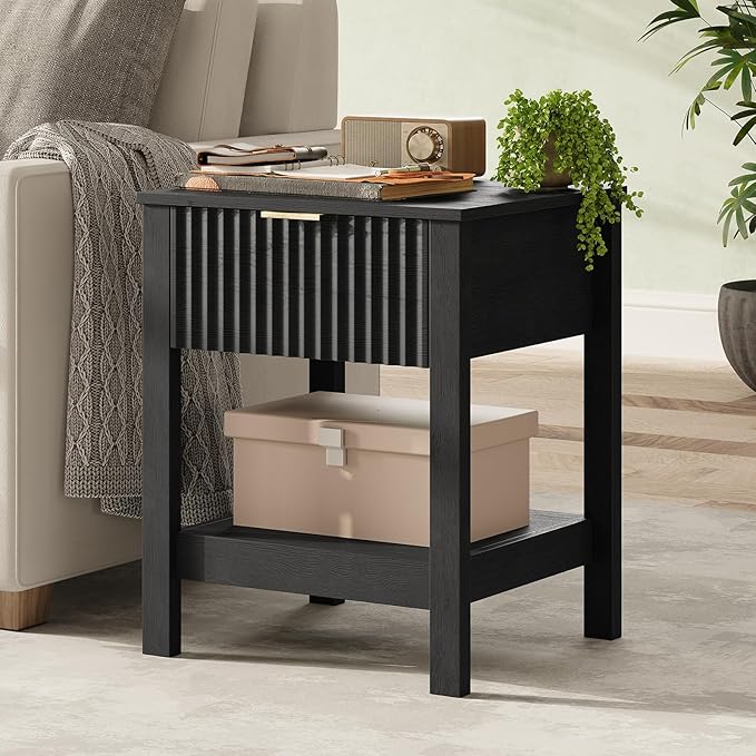 Fluted Night Stand with Golden Handle,Mid-Century Nightstands with Drawer,Modern Bedside Table with Storage Shelf,Large End Tables for Livingroom,Bed Side Tables for Bedroom,Black Wood Grain