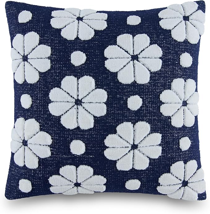 Kate Spade New York Spade Floral Decorative Pillow, 20" x 20" Throw Pillow for Bed or Sofa, Textured Polyester and Cotton Blend Cover, Navy, 20 x 20