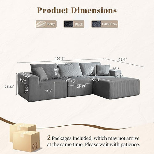 107" Cloud Sectional Couch, Modular Sectional Sofa with L-Shape Chaise, Corduroy Boneless Couch with Deep Seat, Upholstered Sofa for Living Room, No Assembly Required(Right-Facing Chaise, Dark Grey)