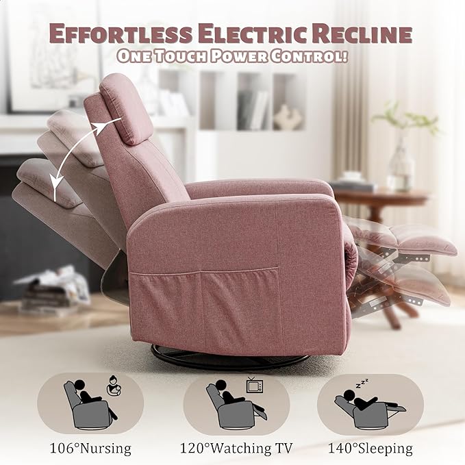 Power Swivel Recliner Chairs for Adults, Electric Glider Rocking Chair Nursery, Glider Recliner Nursery Chair with Classified Side Pocket, Nursery Rocking Chairs with USB and Type-C Ports