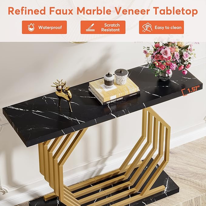 Tribesigns Gold Console Table, Faux Marble Entryway Table Narrow Sofa Table with Geometric Metal Base, 40 Inch Modern Accent Table Entrance Table for Living Room, Hallway, Foyer, Black