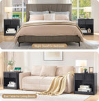 Fluted Nightstand with Charging Station, 23.6" End Table with Open Shelf and Drawers Storage, Bedside Table with Solid Wood Handle, Curved Profile Design, Night Stand for Bedroom, Black