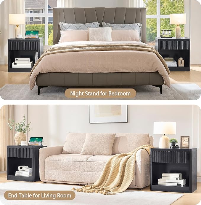 Fluted Nightstand with Charging Station, 23.6" End Table with Open Shelf and Drawers Storage, Bedside Table with Solid Wood Handle, Curved Profile Design, Night Stand for Bedroom, Black