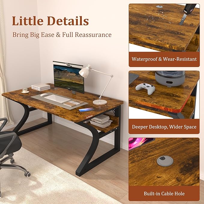 StarGraph Computer Desk 47'' Large Home Office Desk with Sturdy Metal Frame U Shaped Modern Computer Desks with Storage Study Writing Office Work from Home Desks (Rustic Brown, 47 inch)