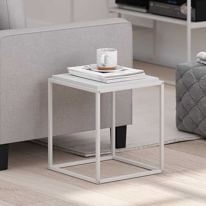 Furinno Moretti Side Table, 1-Tier Stackable Metal Frame End Table, Night Stand, Bedside Table, Toolless Assembly, for Living Room, Bedroom, Solid White