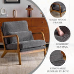 Karl home Mid Century Modern Accent Chair with Lumbar Pillow & Oak Arms – Plush Chenille Living Room Chair for Bedroom, Lounge (Gray)