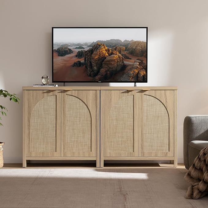 SICOTAS Rattan Sideboard Buffet Cabinet with Storage, Mid Century Modern Credenza Storage Cabinet with Arch Doors & Shelves Boho Coffee Bar Media Console Cabinets for Kitchen, Living Room, Entryway