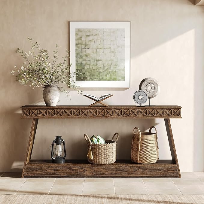 LITTLE TREE 70.87" Long Farmhouse Console Table, 2-Tier Shelf Narrow Accent Entryway Sofa Table for Living Room, Behind Couch, Hallway - Dark Brown