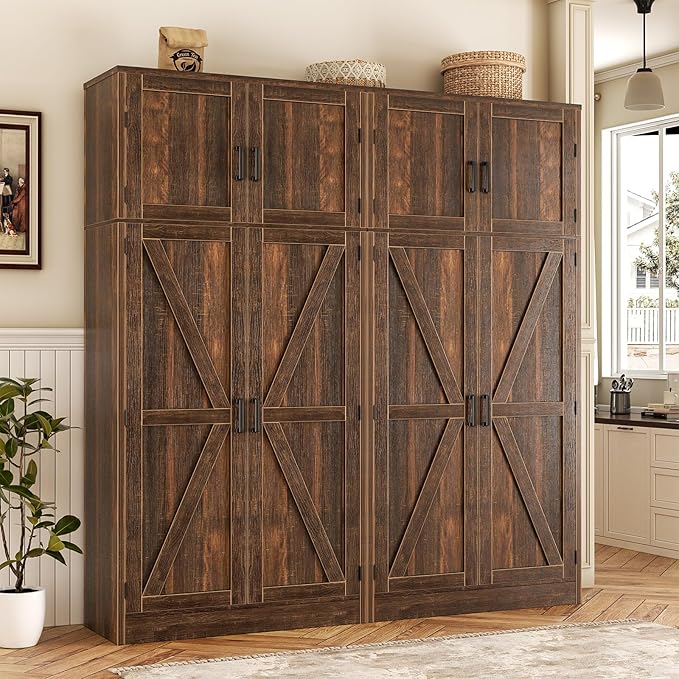 Unikito 71” Tall Storage Cabinet, Farmhouse Kitchen Pantry Cabinet with Adjustable Shelves and Barn Doors, Versatile Storage Cupboard for Dinning Room, Bathroom, Living Room, Weathered Brown, 2 Pack