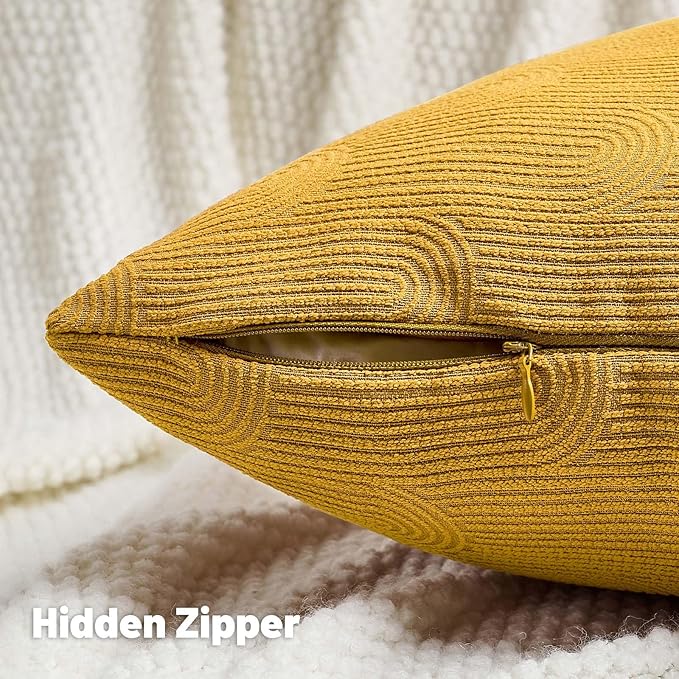 FUTEI Mustard Yellow Chenille Decorative Throw Pillow Covers 22x22 Inch Set of 2,Soft Cozy Striped Geometric Patterns Cushion Cases,Modern Home Decor for Couch Bed Living Room