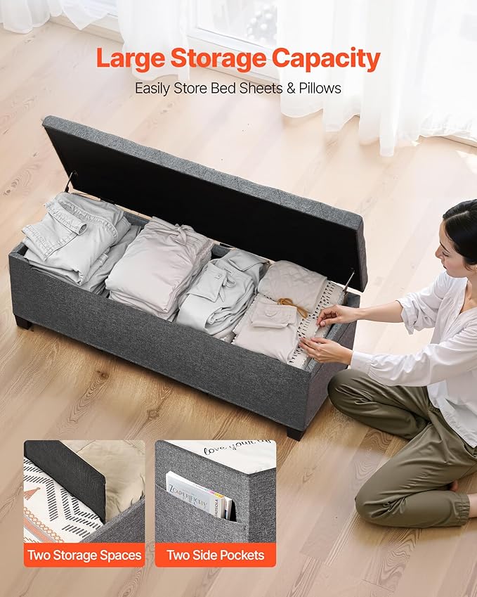 VEVOR Storage Ottoman Bench, End of Bed Bench with 2 Side Bags, Fabric Upholstered with Metal Frame, Toy Box Storage, Bed Benches for Foot of Bed, Bench for Entryway, Living Room, Playroom, Gray