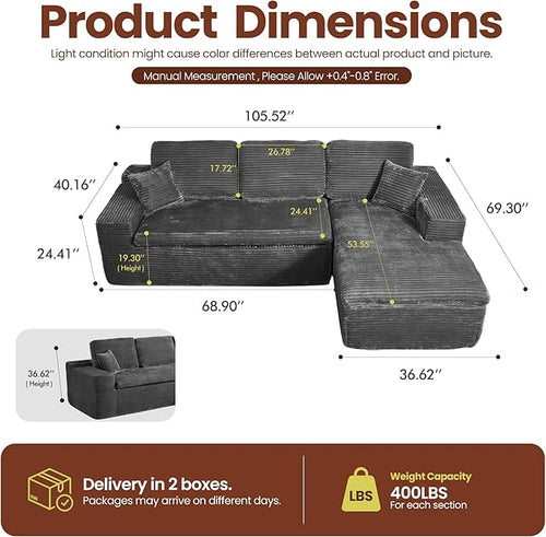 106" Oversized Couch Sofa, L Shape Couches for Living Room, No Assembly Required Corduroy Sectional Sofas with Right Facing Chaise for Home Apartment