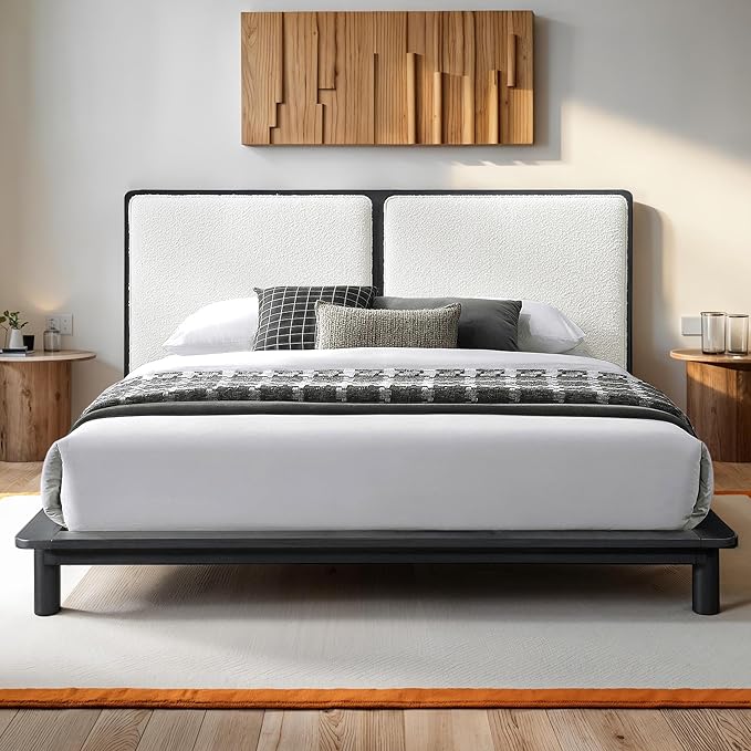 Nord Queen Size Wood Platform Bed | Box Spring Not Required | Black Frame and Cream Beige Boucle