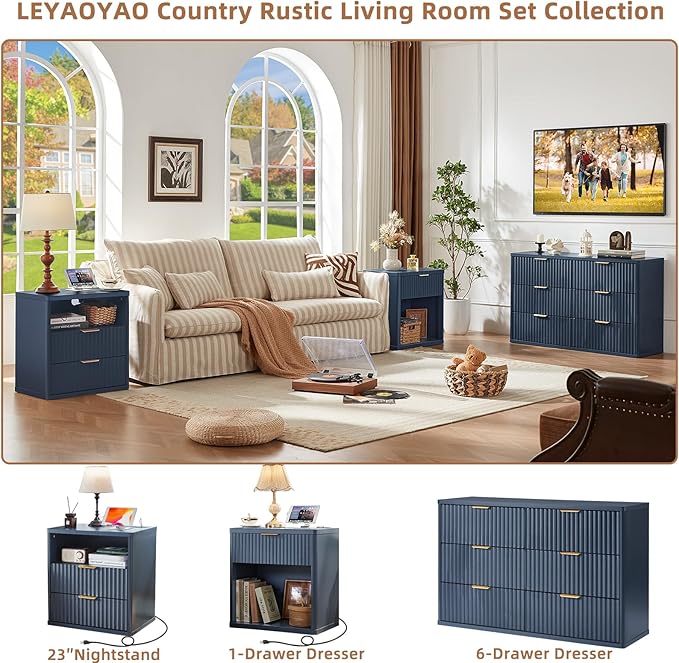LEYAOYAO Fluted Nightstand with Charging Station, 23" Wide 1 Drawers Night Stand,Blue End Table with Open Storage,Farmhouse Bed Side Tables, Wood Dresser for Bedroom, Living Room, Closet