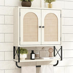 RUSTOWN Rattan Bathroom Wall Cabinet, Boho Over The Toilet Storage Cabinet with Arched Rattan Doors, Modern Medicine Cabinet with Adjustable Shelves & Towel Bar (Vintage White, Medium)