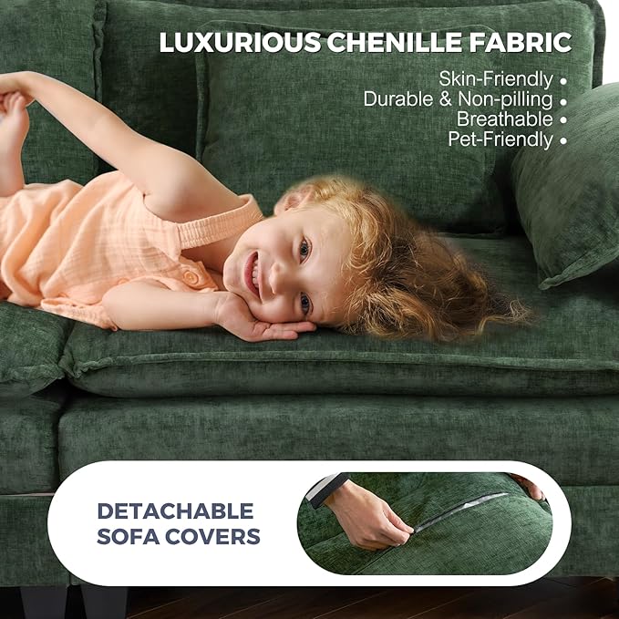ELUCHANG 113" Modular Sectional Sofa, Comfy Cloud Couch, L Shaped Deep Seat Sofa Couches for Living Room, 4-Seater Modern Sofa with Movable Ottoman, DIY Combination - Chenille Olive Green