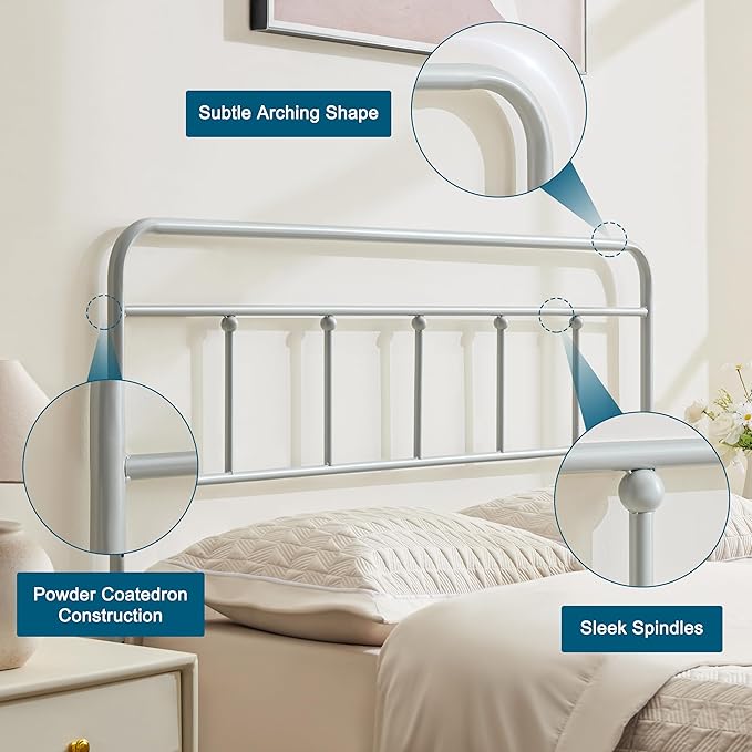 Metal King Size Headboard Only, Sturdy and Durable Iron King Headboard Adjustable Height from 34” to 44”, Victorian Vintage Bed Headboards, Farmhouse Head Board, Bed Frame Mount Grey