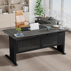 Tribesigns 63 Inch Executive Desk with File Cabinet, L Shaped Office Desk with Drawers and Storage Shelves, Business Furniture Set Workstation for Home Office, Gray and Black