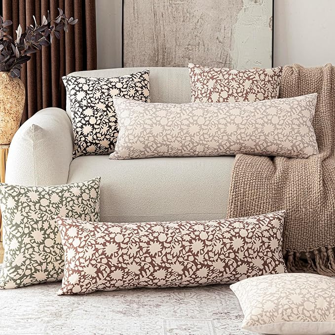 Foindtower Set of 2 Decorative Long Body Lumbar Throw Pillow Covers Accent Farmhouse Cushion Covers Boho Floral Pillowcase for Couch Sofa Bedroom Living Room Home Decor,14×36 Inch,Ivory Beige