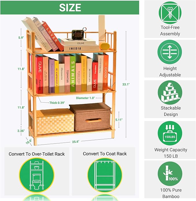 GOGOGO Expandable Bamboo Bookshelf - No Assembly & Modular, Bamboo 3-Tier Shelf & Ladder Shelf, Eco-Friendly Small Bookcase for Home Office- Useful Home & Housewarming Gift(Natural, 11.8" H(3 Tier))