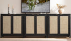 SICOTAS Rattan Sideboard Buffet Storage Cabinet - 3 Pieces Boho Farmhouse Coffee Bar Cabinet Credenza Cabinet with Storage and Rattan Decorated Doors for Home Kitchen, Black