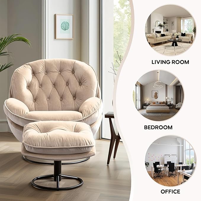 Set of 2 360° Swivel Modern Velvet Accent Chair with Ottoman | Mid-Century Button Tufted Lounge Chair for Living Room & Bedroom, Beige