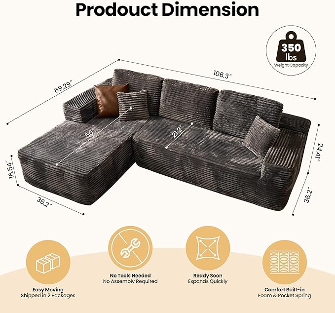104" Cloud Sectional Couch with Chaise, Boneless L-Shaped Cloud Couch with Deep Seat, Soft Plush Modern Minimalist Sofa, Assembly Free Comfy Sofa for Office Living Room Apartment(Grey, Left Chaise)