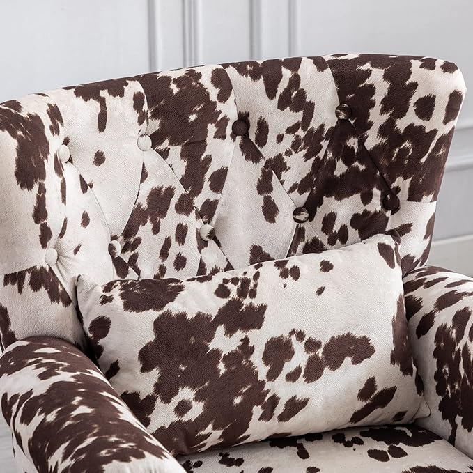 Accent Reading Arm Chairs with Ottoman Set of 2 for Living Room Bedroom, Midcentury Modern Corner Sofa Chair, Wingback Waiting Room Club Chair with Tufted Back &Lumbar Pillow, Fabric Cow
