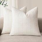 Foindtower Set of 2 Decorative Linen Check Throw Pillow Covers Neutral Farmhouse Vintage Cushion Covers Modern Boho Home Decor for Sofa Chair Couch Bedroom Living Room,24×24 Inch,Cream White