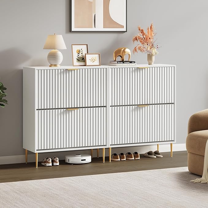 SICOTAS Fluted Shoe Cabinet Storage for Entryway with 2 Flip Drawers-11.8" Deep Freestanding Shoe Organizer Cabinet with 6-Tier Shelves, Large 20 Pairs Shoes Rack Cabinet for Foyer Hallway, White
