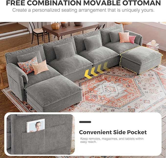 ELUCHANG 153" Oversized Modular Sectional Sofa, Comfy Deep Seat Cloud Couch, 6 Seater U Shaped Modern Sofa with Removable Cover for Living Room, Apartment, DIY Combination, Chenille Light Grey