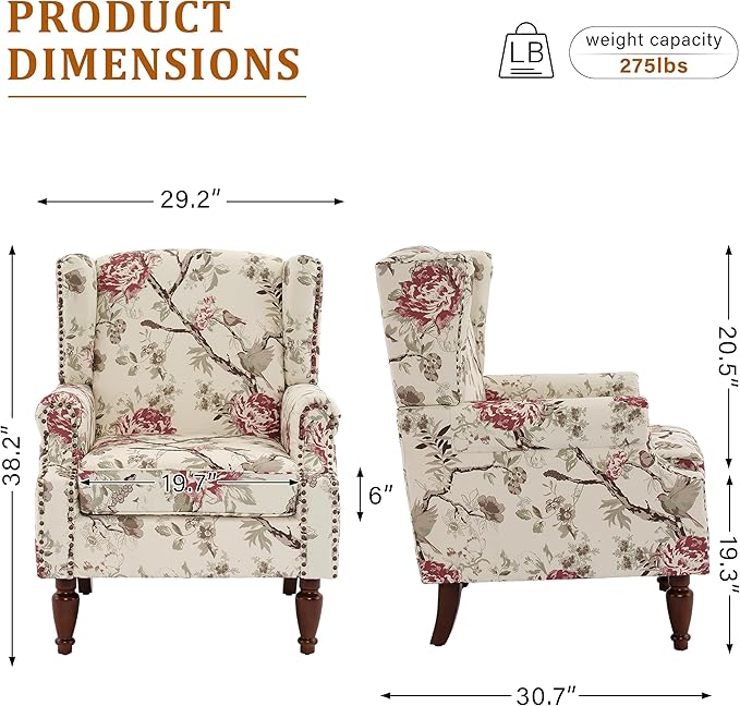 Floral Wingback Accent Chairs Set of 2, High Back Upholstered Armchair, Comfy Fabric Wingback Arms Chairs with Solid Wood Legs, Single Sofa Reading Chair for Bedroom Living Room, Beige