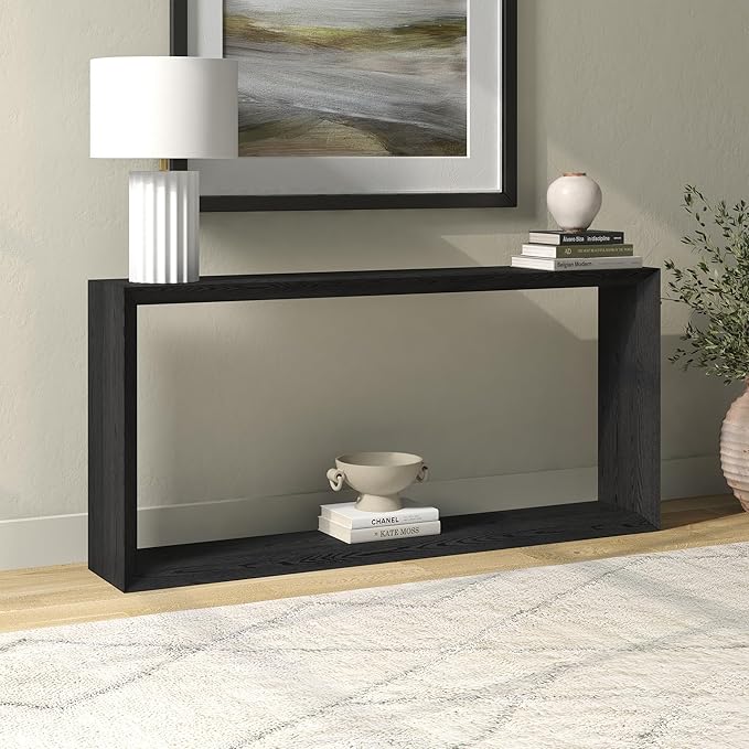 Henn&Hart 64'' Wooden Rectangular Console Table Entryway Table, Sofa Table with Wooden Shelf for Entryway, Living Room, Couch, Hallway, or Office, Black Grain