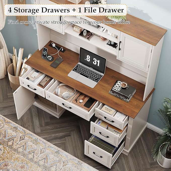 Vabches 67" H Farmhouse Executive Desk with Hutch. Wood Workstation with 5 Drawers, Storage Cabinet, File Drawers and Charging Station, Ideal as Office Desk, Computer Desk for Home Office and Study