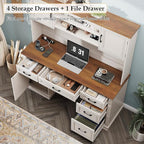Vabches 67" H Farmhouse Executive Desk with Hutch. Wood Workstation with 5 Drawers, Storage Cabinet, File Drawers and Charging Station, Ideal as Office Desk, Computer Desk for Home Office and Study